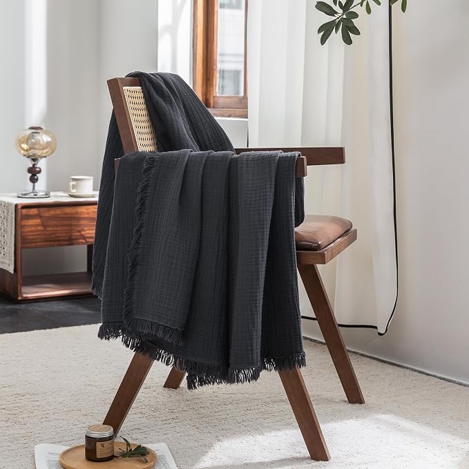 FOSSA Muslin Blanket 4-Layer 100% Cotton Gauze Blanket with Fringe 90"x90" | Super Soft Breathable Lightweight All Season & Decorative Blanket or Bed, Sofa, Office (Dark Gray, Queen)