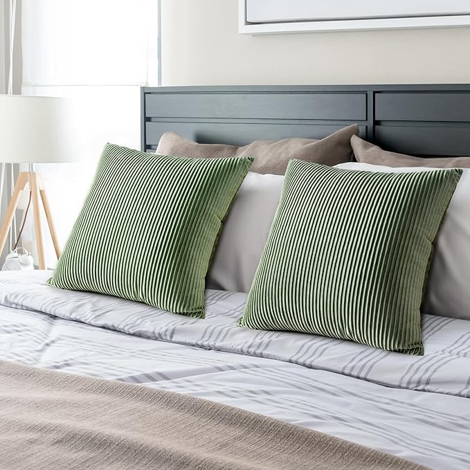 YCOLL Sage Green Spring Pillow Covers 18x18 Set of 2 Velvet Striped Pattern - Soft Throw Pillows for Home Decor, Luxury Decorative Pillow Covers for Couch, Bed,Living Room