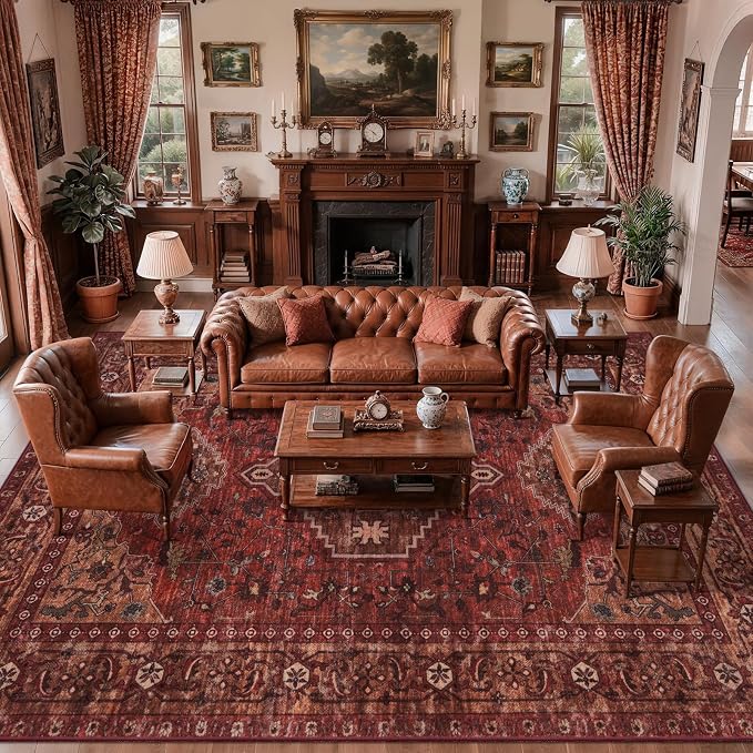 Tangsoo 10x14 Area Rugs for Living Room, Washable Large Area Rugs Oriental Vintage Indoor Non Slip Print Carpet Soft Low Pile Rug Foldable Floor Rug for Bedroom Dining Room Dorm Dark Red