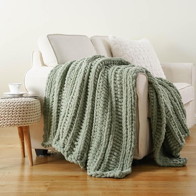 Battilo Chunky Knit Throw Blanket for Couch, 50"x60", Sage Green | Hand Knit, Gift Blanket, Cozy Warm Thick Soft Chenille Throw Blanket for Bed, Sofa, Chair, Living Room