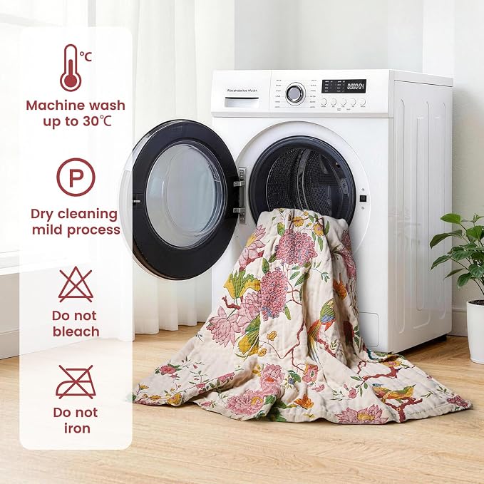 MSGKV The Boho Layer: 50"x60" Cotton Throw Blanket – Lightweight & Reversible Chinoiserie Floral & Bird Pattern, Summer Decorative Accent for Couch Snuggles, Bed Layers & Road Trips