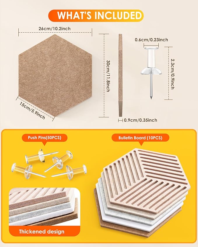 Hexagon Cork Boards for Walls Decor 10 Pack Cork Bulletin Board Tiles with 50 Pins,Pin Board for Office & Home for Notes Photos and DIY Classroom Decor (Minimalist Style)