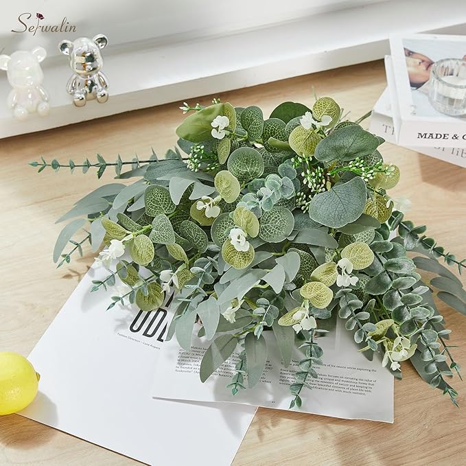 Serwalin 35pcs Artificial Mixed Eucalyptus Stems Leaves Bulk, 4Kinds Fake Greenery Silver Dollar Eucalyptus Leaves Picks,Faux Greenry Stems Sprays for DIY Bouquets Floral Arrangement Home Decor