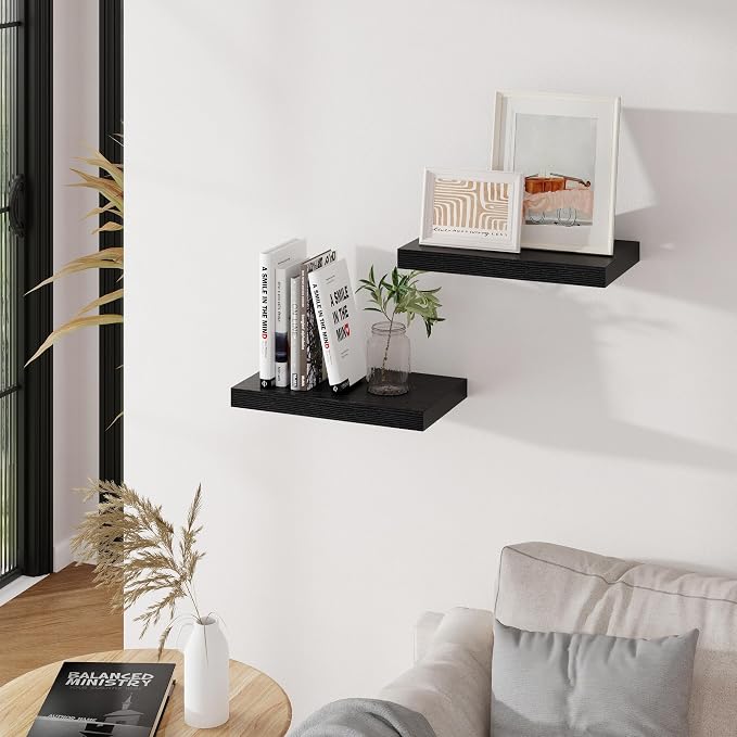 Floating Shelves for Wall, 16 inch Black Shelves 9.3in Deep Wooden Shelf, Floating Wall Shelves for Kitchen, Bathroom, Living Room & Bedroom Organizer, 16 x 9.3 x 1.5 in, 2 Packs