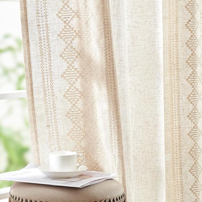 jinchan Boho Curtains Linen Blend Ivory Farmhouse Curtains 96 Inches Long for Living Room Square Embroidered Bordered Back Tab Bedroom Window Light Filtering Bohemian Drapes 2 Panels