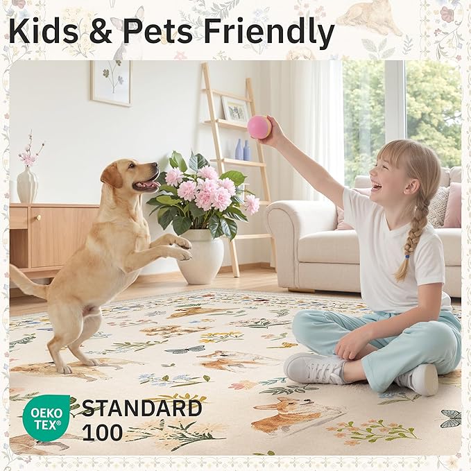 Soalmost Dog 5x7 Area Rugs for Living Room, Machine Washable Animal Floral Vintage Rug Non-Slip Low Pile Soft Throw Rugs for Kitchen Dining Room Bedroom Nursery Playroom (5 x 7,Beige)