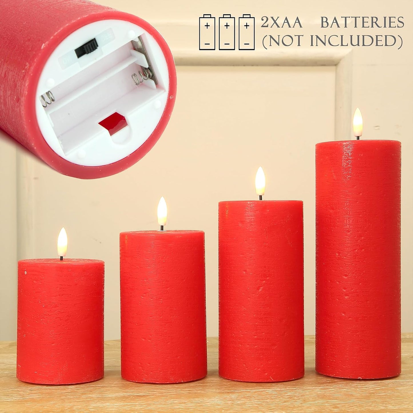 LUSHABOR Flameless Candles, 4 Pack Battery Operated Candles with Remote, Real Wax LED Fake Candles with Timer Flickering for Christmas Wedding Home Party D3 H 5" 6" 7" 9" Red