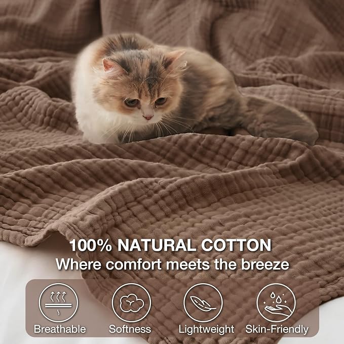 100% Cotton Muslin Blanket Twin 66" x 90", Breathable and Lightweight Cotton Twin Blankets for Couch, Soft Cooling Summer Gauze Blanket for Adults All Season, Tan