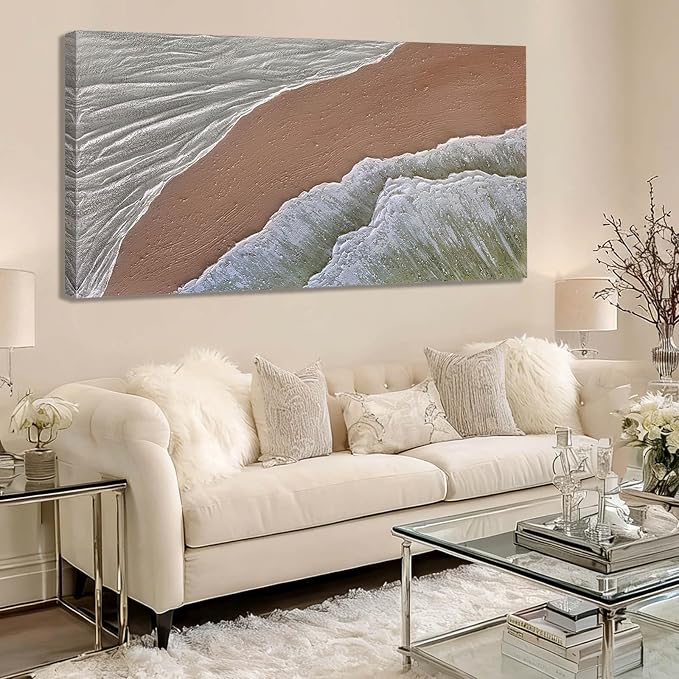 White Ocean Wave Wall Art Decor Neutral Art Beach Canvas Painting Green Pictures Wall Decor Framed Artwork for Living Room Home Office 24"x 48"