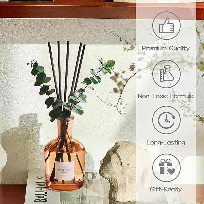 COCORRÍNA Mediterranean Citrus Reed Diffuser – 6.76 oz Essential Oil with 8 Reeds & Real Eucalyptus Sticks, Home Fragrance for Bedroom or Bathroom Décor