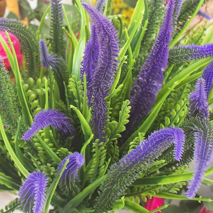 Grunyia 10 Bundles Artificial Plants Outdoor Fake Grass with Flowers UV Resistant Greenery Garden Porch Window Box Decorating (Purple)