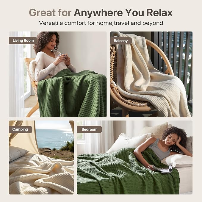 Madison Park 100% Cotton Blanket, Trendy Woven Waffle Weave Design, All Season, Lightweight, Breathable, Soft and Cozy Casual Summer Cover, for Bed, Couch and Sofa, Full/Queen, Olive Green