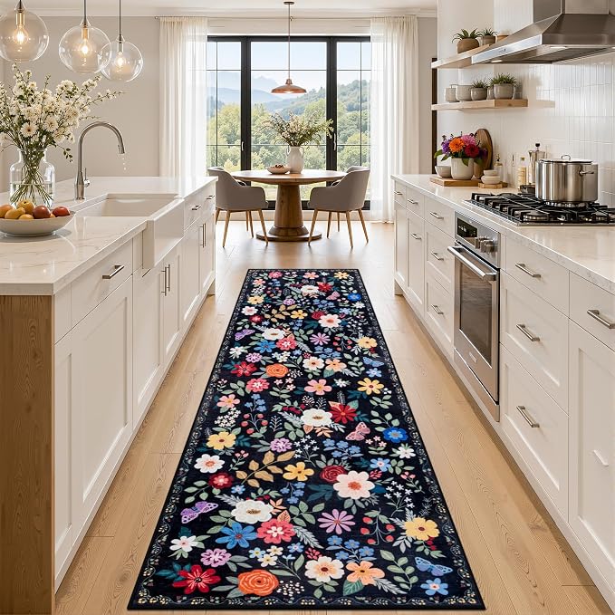 Runner Rug for Entryway: 2.6x10 Kitchen Rugs Non Slip Washable Ultra-Thin Soft Floral Carpet Indoor Floor Stain Resistant Carpets for Hallway Bedroom Kitchen Laundry Bathroom Dorm Black