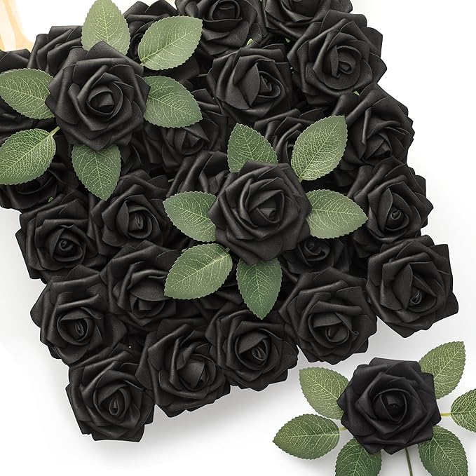 Mocoosy 50Pcs Black Roses Artificial Flowers, Fake Roses for Decorations, Real Touch Foam Rose Bulk with Stem Gothic Wedding Bouquet DIY Floral Arrangement Bridal Shower Mother's Day Party Table Decor