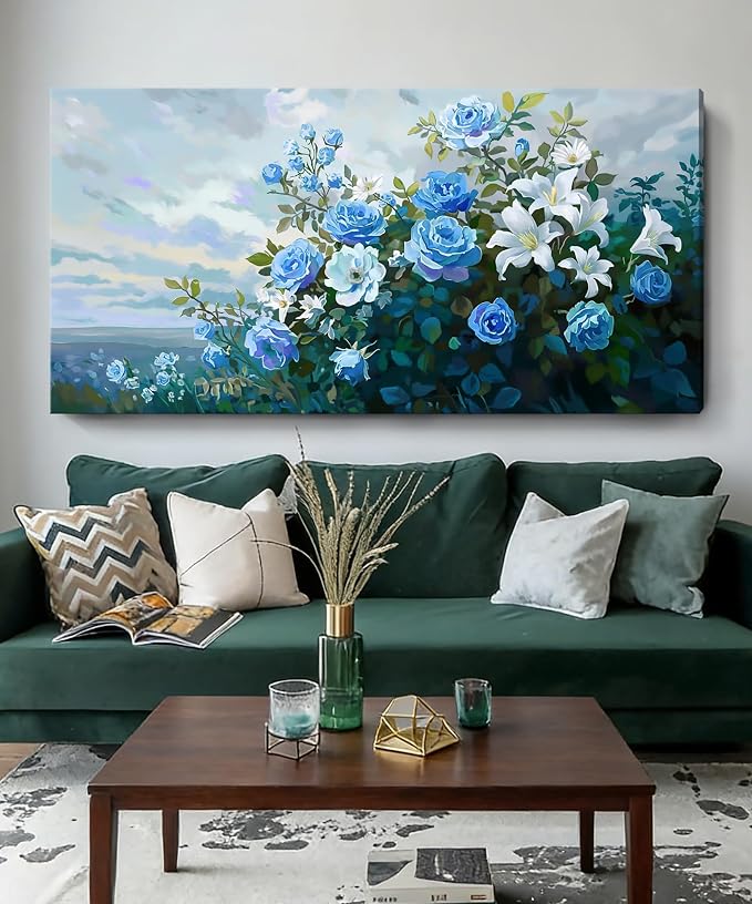 Nicetop Extra Large Floral Canvas Art for Living Room – Elegant Botanical Wall Picture with White Lilies, Blue Roses & Green Leaves – Horizontal Nature Artwork for Bedroom, Office, Kitchen, 58x29 Inch