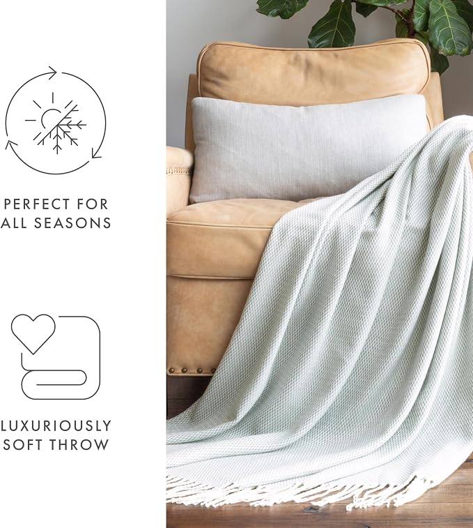Linen Market Beddings Elevate Your Comfort with Herringbone Throw Blanket - Luxurious Woven Ultra Soft Acrylic - Sized 50" W x 60" L - Fringed Edges - Lightweight Layer for Bed or Sofa (Eucalyptus)