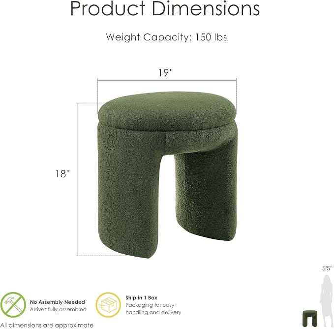 Furniture of America Rami Modern 18-inch Solid Wood Upholstered Ottoman with Pedestal Base, Vanity Stool Chair, Small Foot Stool for Bedroom, Living Room, Entryway, Green