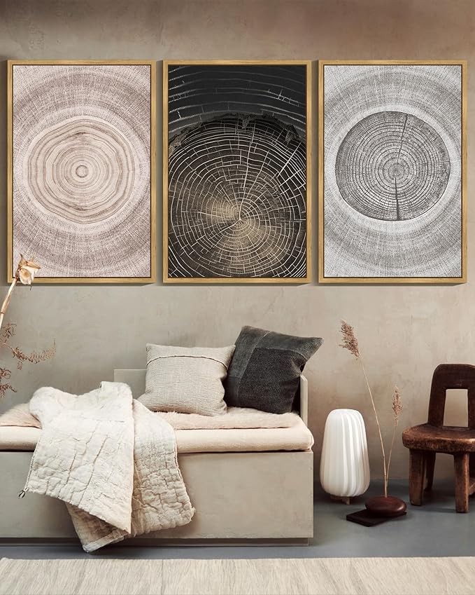 PHOPAGO Vintage Wood Tree Rings Wall Art 24x36in Farmhouse Rustic Framed Canvas Paintings Living Room Bedroom Decor Nature Artwork Natural Framed