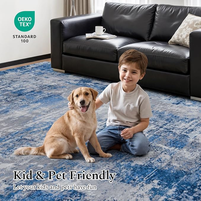 Rugflix 8x10 Area Rugs for Living Room, Washable Large Rug Stain-Resistant Low Pile, Modern Dark Carpet for Dining Room Home Office Kid Room Nursery Bedroom, Blue Grey