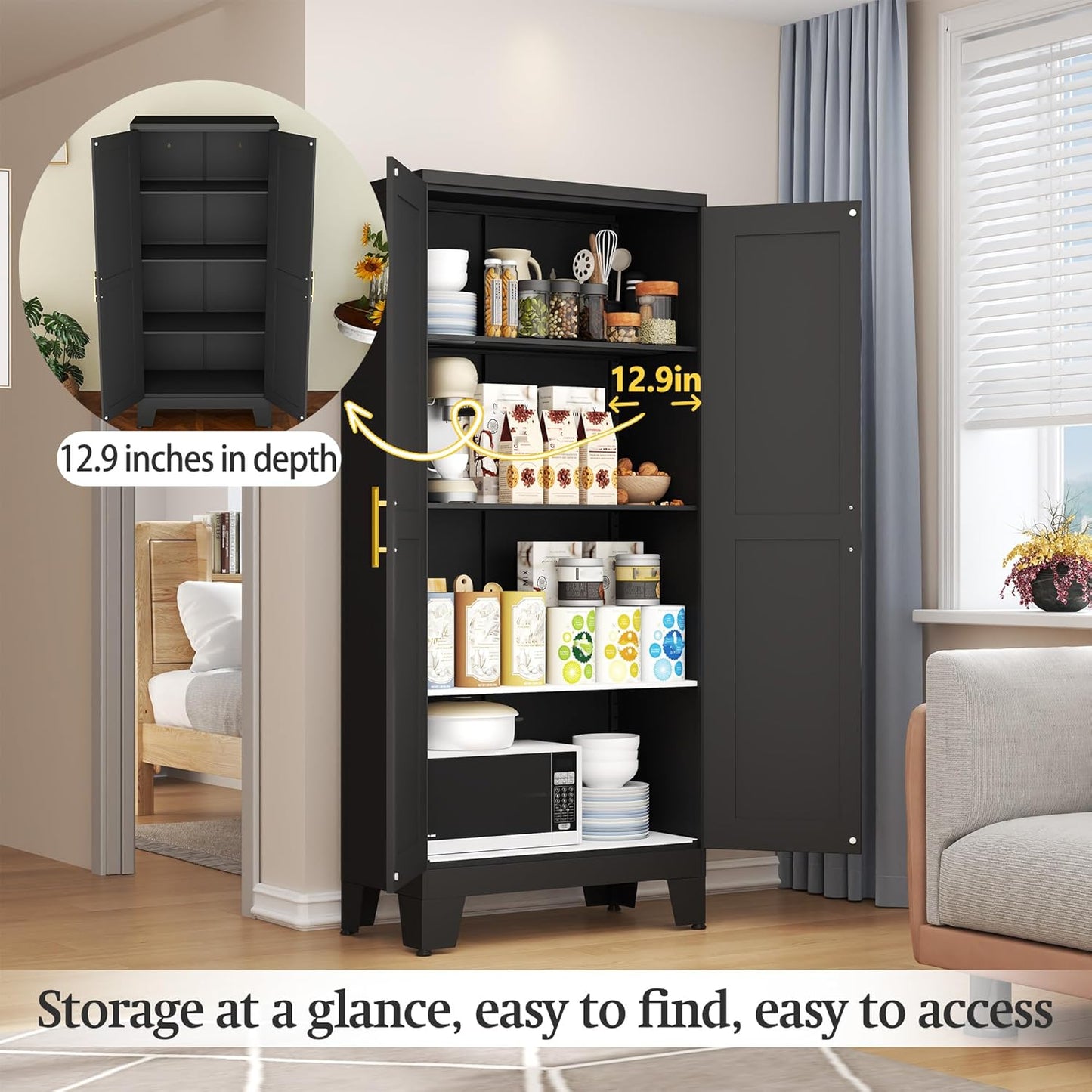 Black Metal Storage Cabinet, 61" Steel Cabinets for Home Office, Kitchen Pantry Storage Cabinet with Doors and 3 Adjustable Shelves, Metal Tool Cabinet, for Office, Home, Garage, School