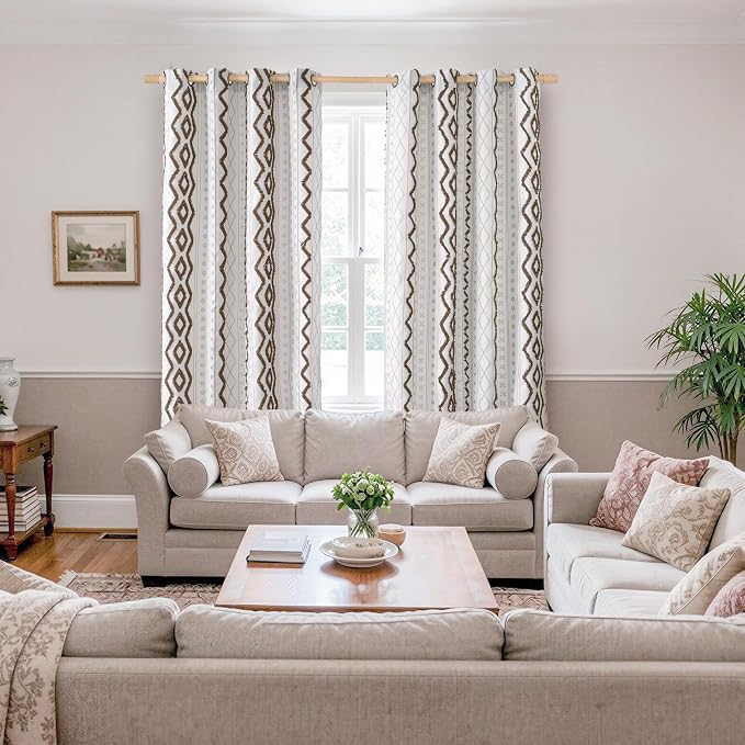 BGment Brown Jacquard Linen Curtains with Tufted Pom Stripe Geometric, Boho Pattern Drapes with Grommet for Bedroom Living Room Light Filtering, 52 X 98 Inch, 2 Panels