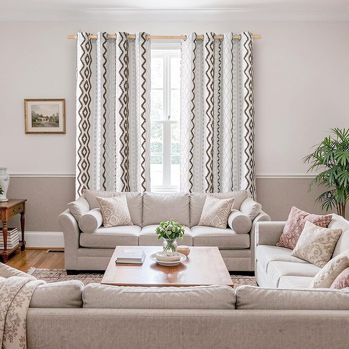 BGment Brown Linen Curtains with Tufted Pom Stripe Geometric, Boho Jacquard Pattern Drapes for Living Room Bedroom Light Filtering, 52 X 90 Inch, 2 Panels