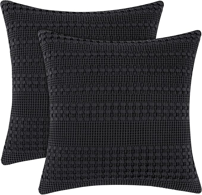 PHF 100% Cotton Waffle Weave Euro Sham Covers, 2 Pack 26" x 26" Bed Pillow Covers for Elegant Home Decor, No Filling, Luxury Aesthetic Soft Euro Pillow Cases for Bed, Black