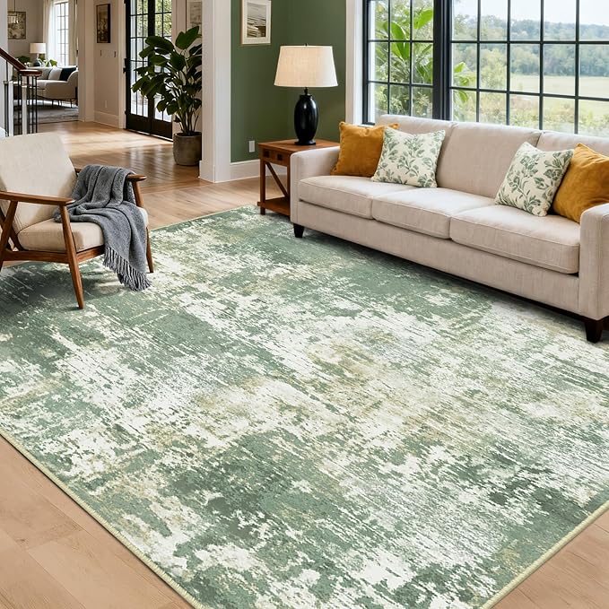 RELEANY Washable Area Rugs 8'x10' Non-Slip Modern Abstract Soft for Living Room Entryway Bedroom Nursery, Print Pattern, Light Green/Yellow