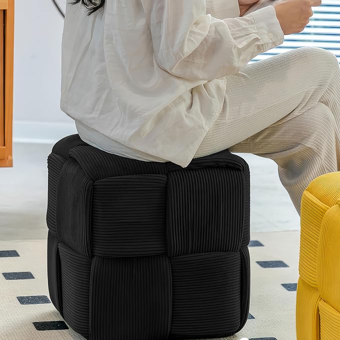 Cmishe 15" Square Woven Corduroy Ottoman Footrest - Modern Vanity Stool for Living Room & Entryway, Eco-Friendly Wood Frame, No Assembly (Black)