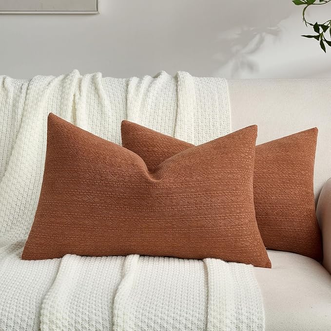 FUTEI Rust Chenille Throw Pillow Covers 12x20 Inch Set of 2,Soft Striped & Diamond Textured Lumbar Pillow Cases,Modern Home Decor for Couch Living Room