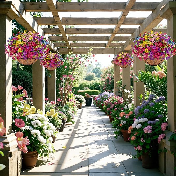 Ouddy Decor Artificial Hanging Flowers with Basket, Fake Hanging Plants with Faux Silk Flowers UV Resistant for Outdoors Indoors Spring Summer Porch Patio Balcony Yard Home Decorations, Multicolor
