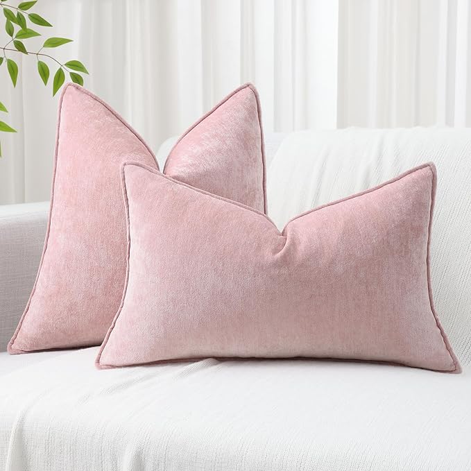 decorUhome Summer Couch Throw Pillow Covers 20x20 Set of 2, Decorative Soft Velvet Modern Cozy Chenille Pillow Cases with Elegant Design for Sofa Bed Living Room Home Decor, Blush Pink