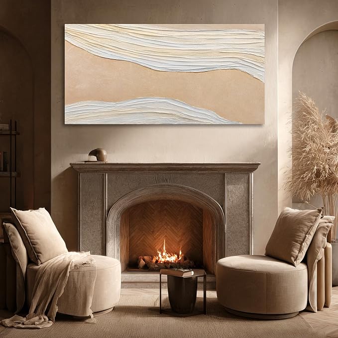 Dolidoteart Beige White Canvas Wall Art, Hand Painted Abstract Oil Painting, Large Neutral Textured Wall Decor for Living Room Bedroom, Horizontal 24x48 Inch