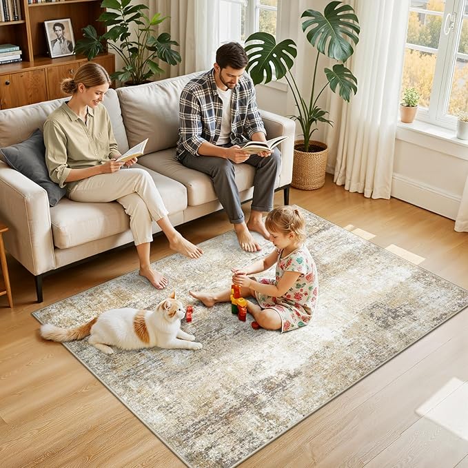 RELEANY Washable Area Rugs 4'x6' Non-Slip Modern Abstract Soft for Living Room Entryway Bedroom Nursery, Print Pattern, Neutral Brown Gray