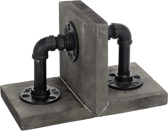 MyGift Book Ends Decorative for Shelves, Office Bookends for Heavy Books, Book Holder L-Shaped Stand Desktop, Vintage Gray Wood with Realistic Industrial Pipe Design