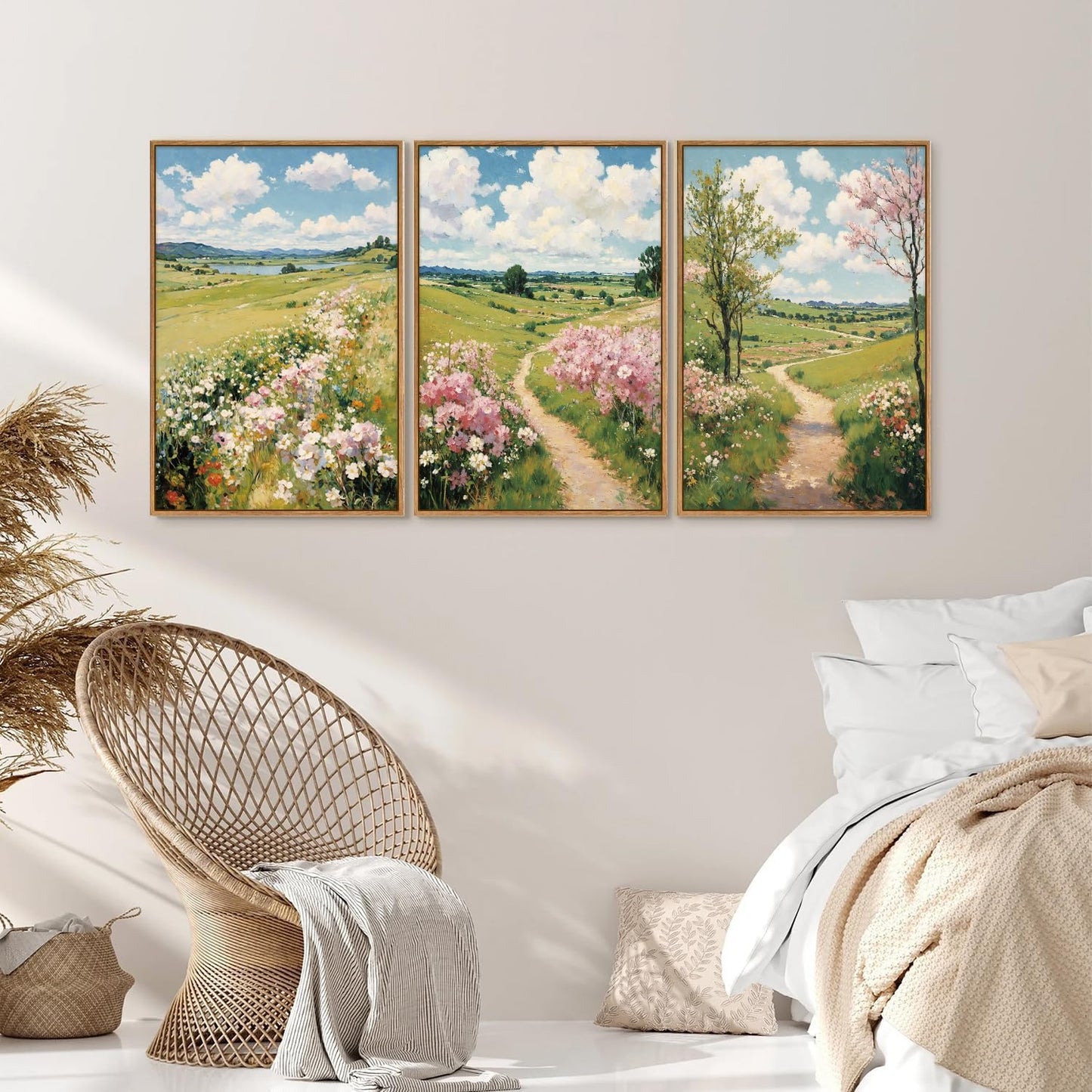 Tinonedraw Rustic Landscape Framed Canvas Wall Art Triptych, Blue and White Wall Decor, Vintage Botanical Floral Artwork, Modern Country Nature Farmhouse Art Prints for Living Room Bedroom 16"x24"x3