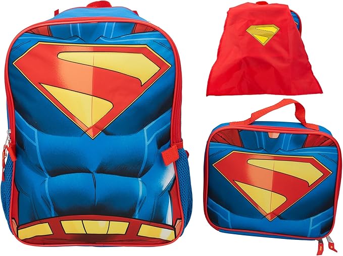 AI ACCESSORY INNOVATIONS Superman 2 Piece Backpack Set, Boys 16" Superhero School Bag with Detachable Cape, Lunch Box
