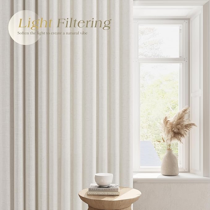 Nanspring Neutral Linen Curtains 102 Inches Long Extra Long for Living Room Grommet Sunlight Filtering Minimalist Room Curtain Privacy Aesthetic Modern Elegant Boho 2 Panel Sheer Window Drapes 52x102