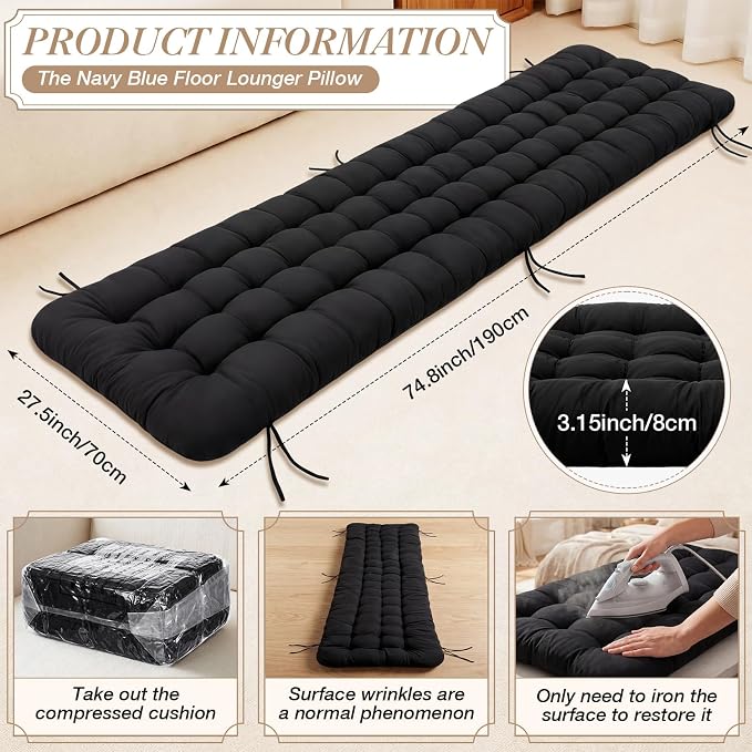Wenqik Long Floor Cushion Large Floor Cushion with Brushed Cotton 74.8 x 27.5 x 3.15 in Jumbo Lounger Pillow for Outdoor Indoor Bay Window Meditation Yoga Reading Sleeping(Black)