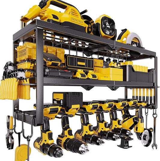 Heavy Duty Power Tool Organizer for Wall Mount Garage Storage – 320 lbs Capacity, 3-Tier Iron Wire Rack with 7 Drill Slots, Shelf for Battery Charging Station – Gift for Dad Handyman
