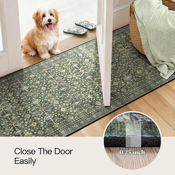 Lofus 2'6"x10' Area Rug for Hallways,Green Washable Runner Rugs with Non Slip Rubber Backing, Low Pile Soft Carpet Runner for Kitchen Bathroom Bedroom Laundry