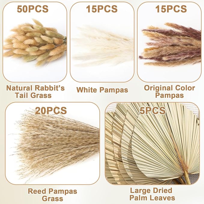105 Pcs Boho Dried Pampas Grass Decor Bulk, Large Dried Palm Spears Bunny Tails Pampas Reed Grass Dried Palm Leaves Dried Flower Bouquet Boho Centerpieces for Wedding Home Tables Decor