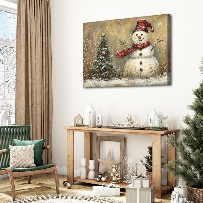 Christmas Poster Wall Art Living Room Bedroom Vintage Winter Snowy Landscape Wall Decor Farmhouse Christmas Seasonal Tree Framed Canvas Snowman Artwork Print Festival Pictures Home Decoration 24x36