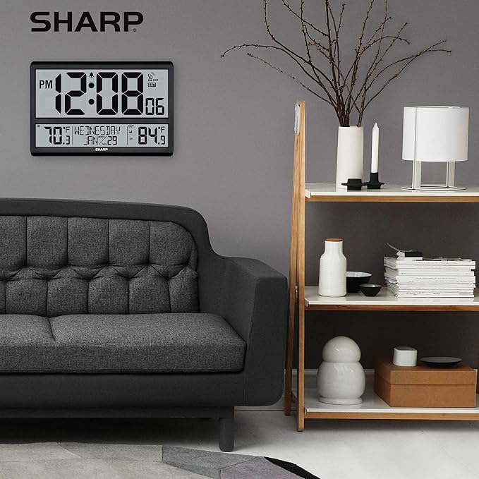 Sharp Atomic Clock - Never Needs Setting! –Easy to Read Numbers - Indoor/Outdoor Temperature, Wireless Outdoor Sensor - Battery Powered - Easy Set-Up (4" Numbers)