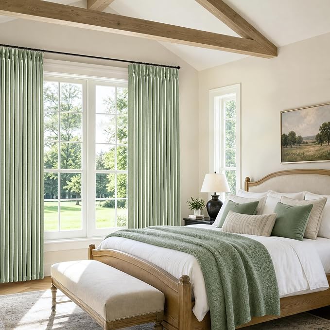 Boho Thick Linen Curtains 108 Inches Long 2 Panels Set Pinch Pleated Light Filter Semi Sheer Sage Green Drapes for Living Dining Room Farmhouse Neutral Back Tab Curtains with Hooks Rings 40x108