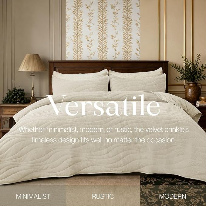 DOWN HOME Crinkle Textured Velvet Quilt Set with Shams, All-Season Luxury Modern Bedding,Easy Care Comforter,Ultra-Soft,Lightweight & Breathable, Cali King, Ivory White