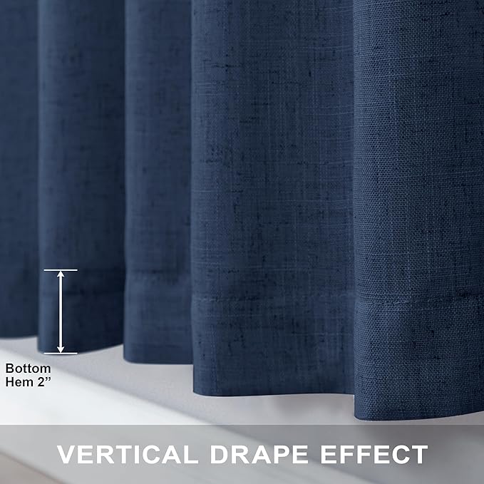 Pitalk 102 Inch Curtains Navy Blue Linen Drape for Bedroom 2 Panel Back Tab Loop Pocket Cotton Textured Semi Sheer Lightweight Dark Blue Indigo Curtain for Living Room Bay Window Nautical Decor 52x102