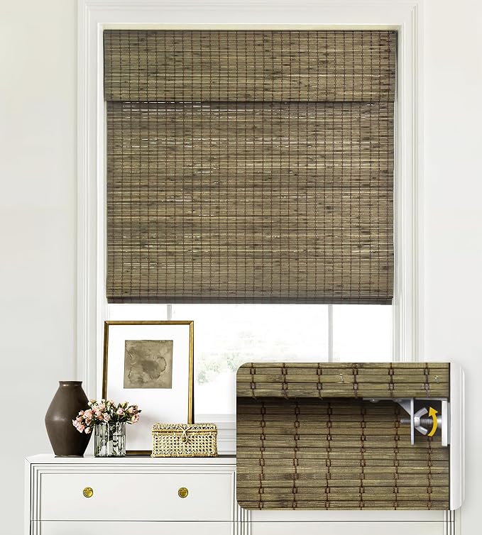 LazBlinds No Tools No Drill Cordless Bamboo Roman Shades, Privacy Window Treatment, Roll Up Bamboo Blinds for Windows 31'' W x 64'' H, Driftwood