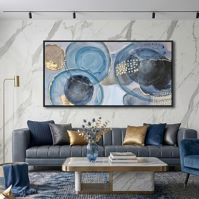 YDYSUNE Blue Abstract Wall Art for Living Room,Large Framed Canvas Wall Decor for Office,Modern Minimalist Geometric Circle Painting Print,Room Artwork Decoration Ready to Hang Size 29x58 Inches