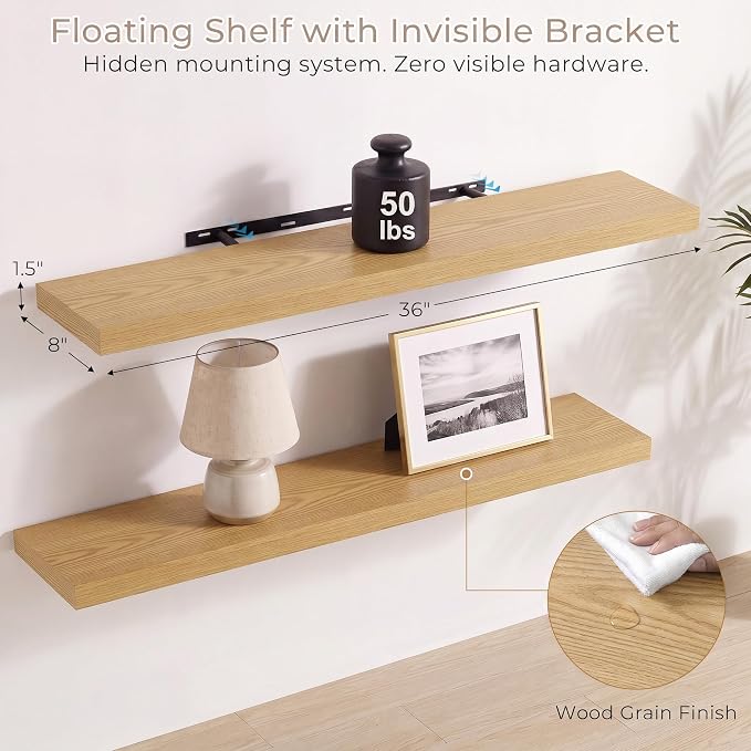 Vivelove Wall Floating Shelves for Display with Invisible Brackets, 36 Inch Floating Shelves for Bedroom Bathroom Living Room Kitchen Office, 36”X 8" X 1.4", Set of 2 - Oak